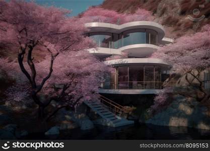 House with blooming tree. Pink yard. Generate Ai. House with blooming tree. Generate Ai