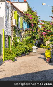 House with bougainvillaea and yellow scooter, Alacati, Izmir, Turkey