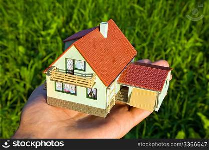 house with garage on palm on background of the herb
