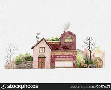 House with garden, Watercolor of wooden mixed with brick house and blooming plant, tree in the garden, illustration Drawing beautiful nature in village for poster, greeting card or background
