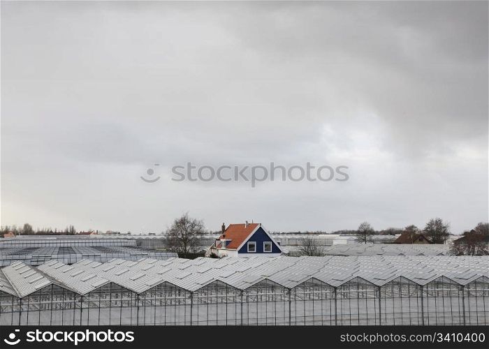 house with red roof between greenhouses