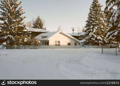 house with snowy pine trees winter