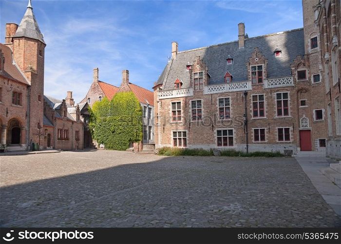 House with vines and old square in Bruges, Belgium&#xA;