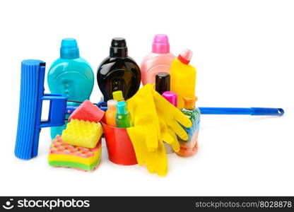 household chemicals, protective gloves and a mop isolated on white background