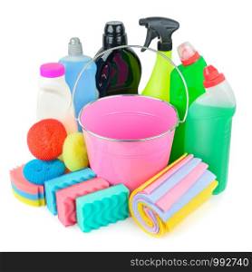 Household chemicals, sponges, napkins bucket for cleaning isolated on white background.