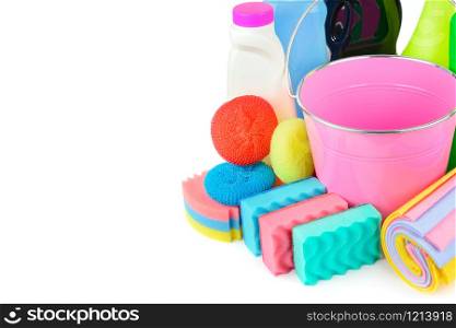 Household chemicals, sponges, napkins bucket for cleaning isolated on white background. Free space for text.