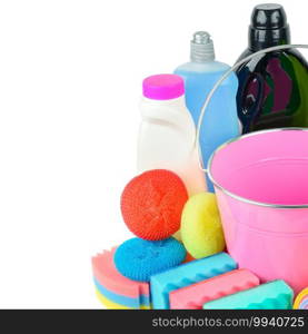 Household chemicals, sponges, napkins bucket for cleaning isolated on white background. Free space for text.