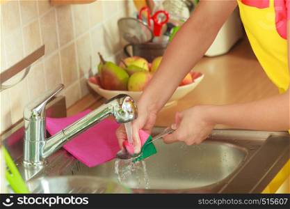 Household. Closeup woman doing the washing up in kitchen