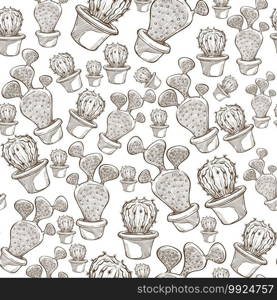 Houseplant for decoration of living or working space seamless pattern. Cactus in pot, potted plant with thorns, floral decor for home or office. Monochrome sketch outline, vector in flat style. Cactus plant growing in pot, monochrome seamless pattern