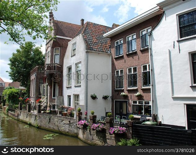 Houses along a canal in Delft, The Netherlands.