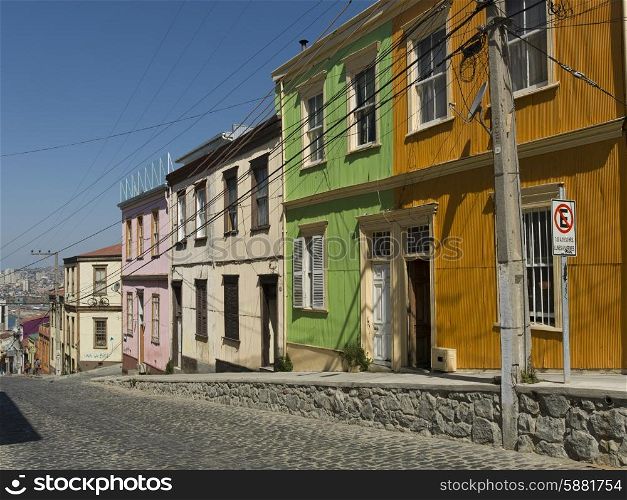 Houses along a cobblestone street, Valparaiso, Chile