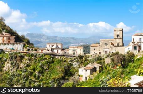 houses and Mother Church (Chiesa Madre) in mountain village Savoca in Sicily, Italy