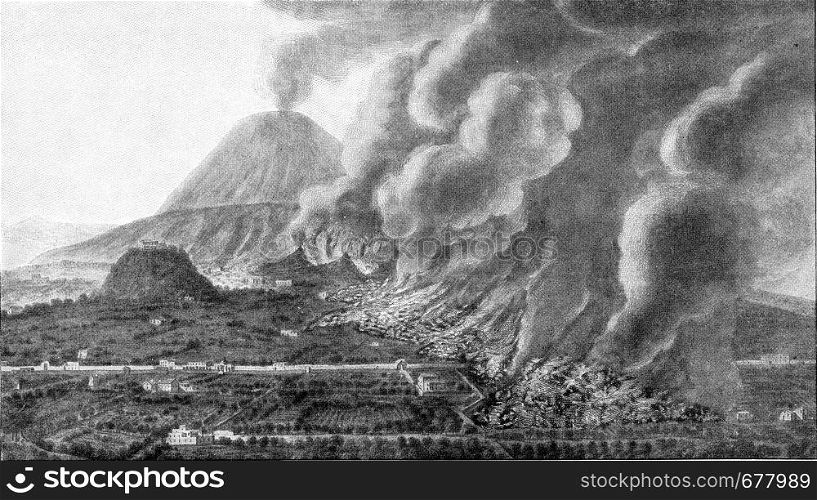 Houses and plantations destroyed by a torrent of lava descending from Vesuvius, vintage engraved illustration. From the Universe and Humanity, 1910.