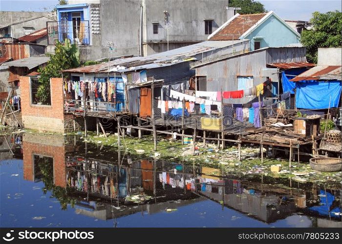 Houses and poverty in fishing village in Nha Trang, Vietnam