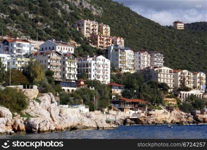 Houses and sea shore in Kash, Turkey