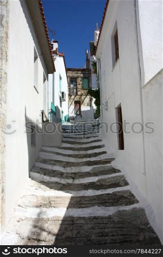 Houses and streets of Greek village Glossa on the Skopelos island