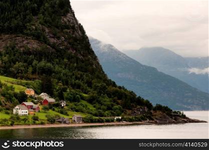 Houses at coast, Hardanger, Hardangerfjord, Hardangervidda, Hardanger, Norway