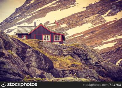 Houses beside Trollstigen Center - popular tourist attraction, Norway Europe. Houses beside Trollstigen Center