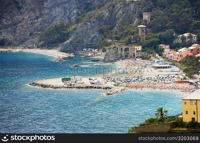 Houses in a town at the seaside, Ligurian Sea, Italian Riviera, Cinque Terre, La Spezia, Liguria, Italy