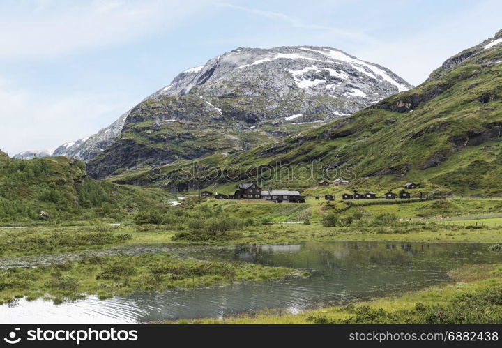 houses in nature area Jostedalsbreen in summer with snow on the mountains