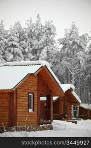 houses in winter forest snow around