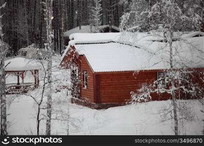 houses in winter forest snow around
