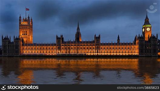Houses of Parliament, also known as the Palace of Westminster, rebuilt in the 19th Century by Charles Barry and Augustus Pugin in a Neo-Gothic style. Located in Westminster on the bank of the River Thames.