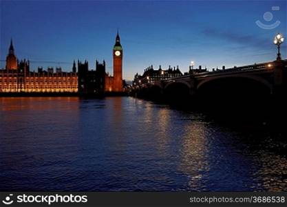 Houses of Parliament at night viewed from south bank of Thames