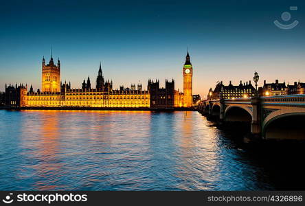 Houses of Parliament lit up at dusk