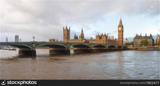 Houses of Parliament London. Panoramic view of the River Thames, Houses of Parliament and the Big Ben, Westminster Bridge in London