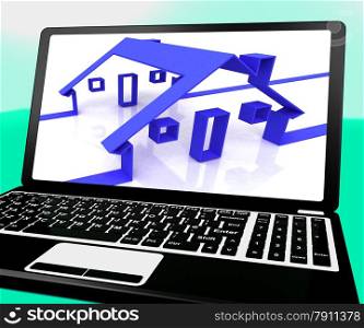 . Houses On Laptop Shows Online Real Estates And House Purchases