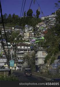 Houses up a hillside, Darjeeling, West Bengal, India