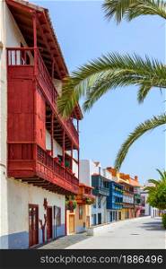Houses with typical local balconies in Santa Cruz de La Palma city, Canary Islands, Spain
