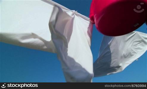 Housewife hanging white laundry on washing line