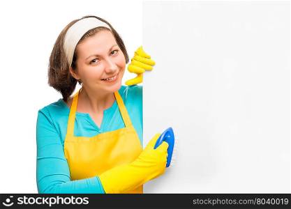 housewife holding a brush and a poster for the inscription on the white background
