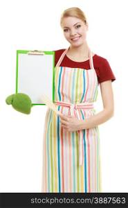 housewife in kitchen apron or small business owner shop assistant with empty blank banner sign for restaurant menu or recipe. Girl holding clipboard with copy space for text. Isolated on white