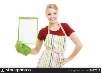 housewife in kitchen apron or small business owner shop assistant with empty blank banner sign for restaurant menu or recipe. Girl holding clipboard with copy space for text. Isolated on white