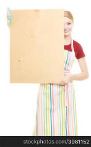 housewife in kitchen apron or small business owner with empty blank banner sign for restaurant menu recipe. Girl holding wooden board with copy space for text. Isolated on white