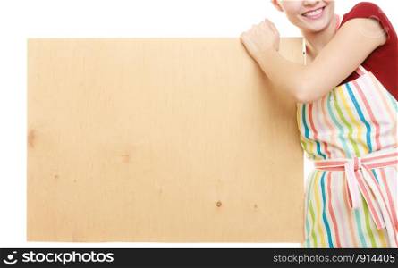 housewife in kitchen apron or small business owner with empty blank banner sign for restaurant menu recipe. Girl holding wooden board with copy space for text. Isolated on white