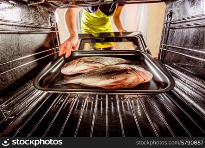 Housewife prepares dorado fish in the oven, view from the inside of the oven. Cooking in the oven.