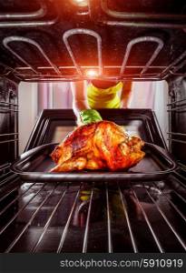 Housewife prepares roast chicken in the oven, view from the inside of the oven. Cooking in the oven. Thanksgiving Day.
