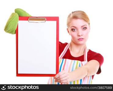 housewife wearing kitchen apron or small business owner entrepreneur barista shop assistant with empty blank banner sign for restaurant menu or recipe. Girl holding clipboard with copy space for text. Isolated on white