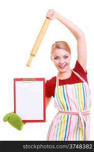 housewife wearing kitchen apron or small business owner entrepreneur cook chef shop assistant with empty blank banner sign for restaurant menu or recipe. Girl holding clipboard with copy space for text. Isolated on white