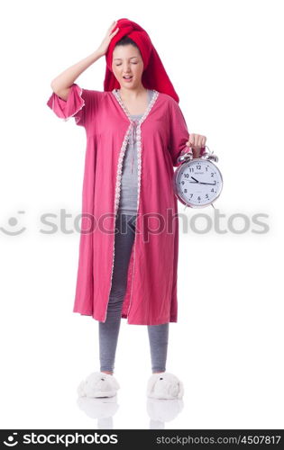 Housewife with clock isolated on white