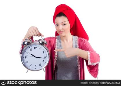 Housewife with clock isolated on white