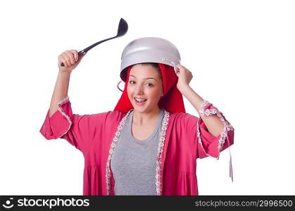 Housewife with pot isolated on the white