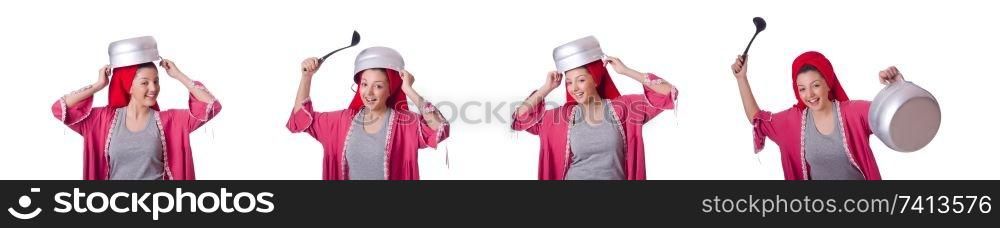 Housewife with pot isolated on the white