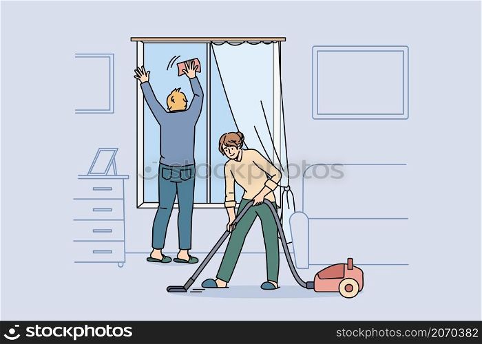 Housework and cleaning apartment concept. Young couple in home clothes cleaning window and vacuuming carpet together at home at weekend vector illustration . Housework and cleaning apartment concept.