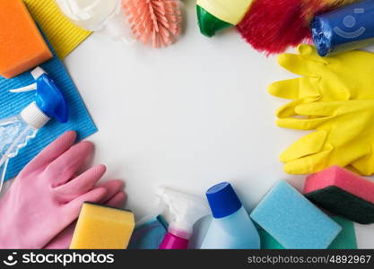 housework, housekeeping and household concept - cleaning stuff on white background