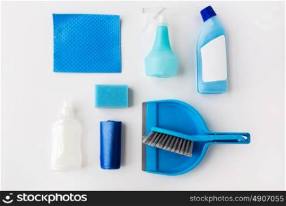 housework, housekeeping and household concept - cleaning stuff on white background. cleaning stuff on white background